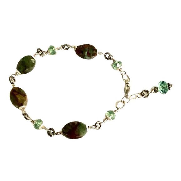 MK# Green & Brown Agate & Sterling 925 Silver Bracelet - Picture 6 of 9